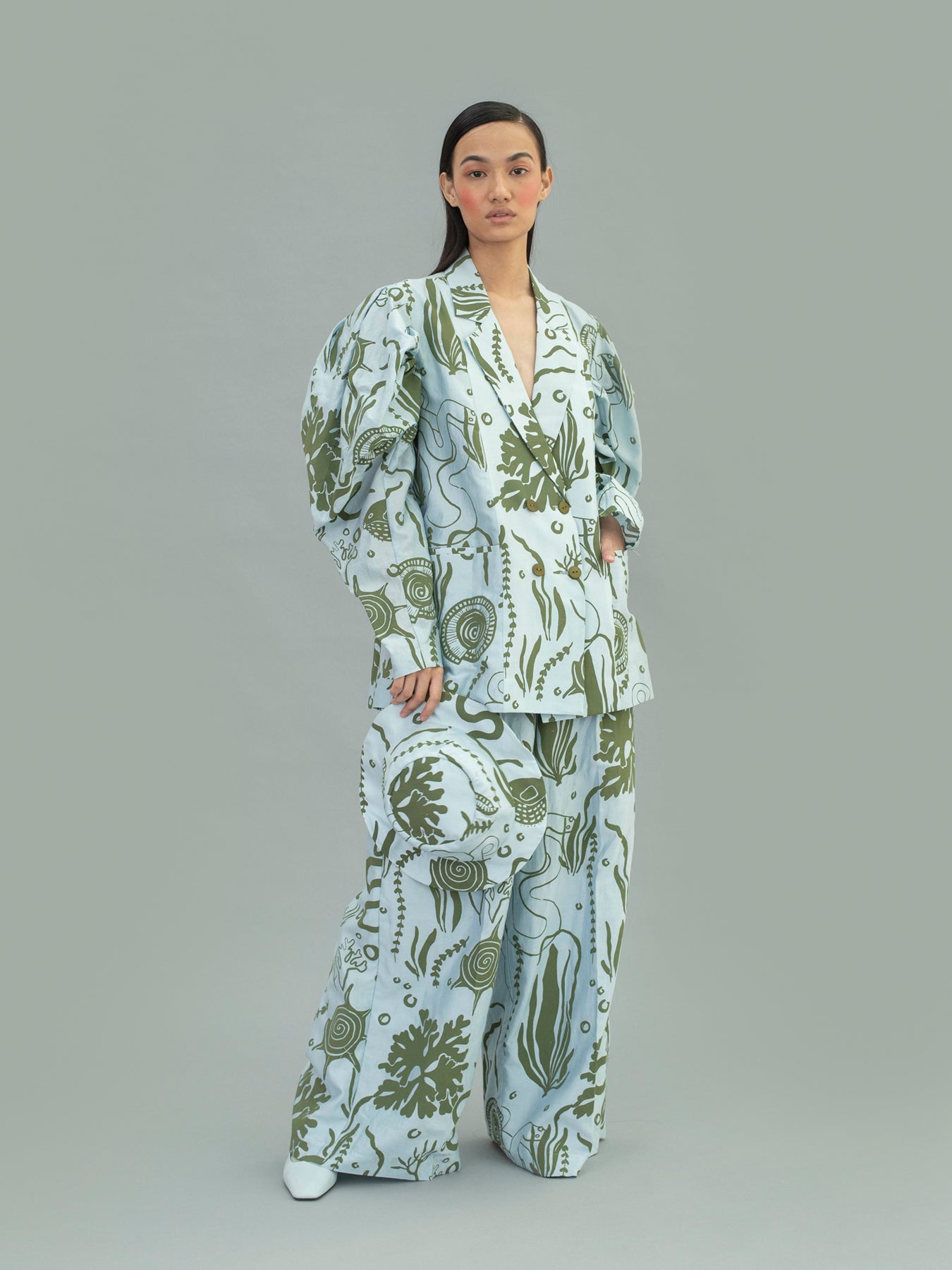 Releve Fashion Aden Double Wide Leg Trousers with Ocean Print Sustainable Luxury Fashion Conscious Clothing Ethical Designer Brand Artisanal Handcrafted Purchase with Purpose Shop for Good