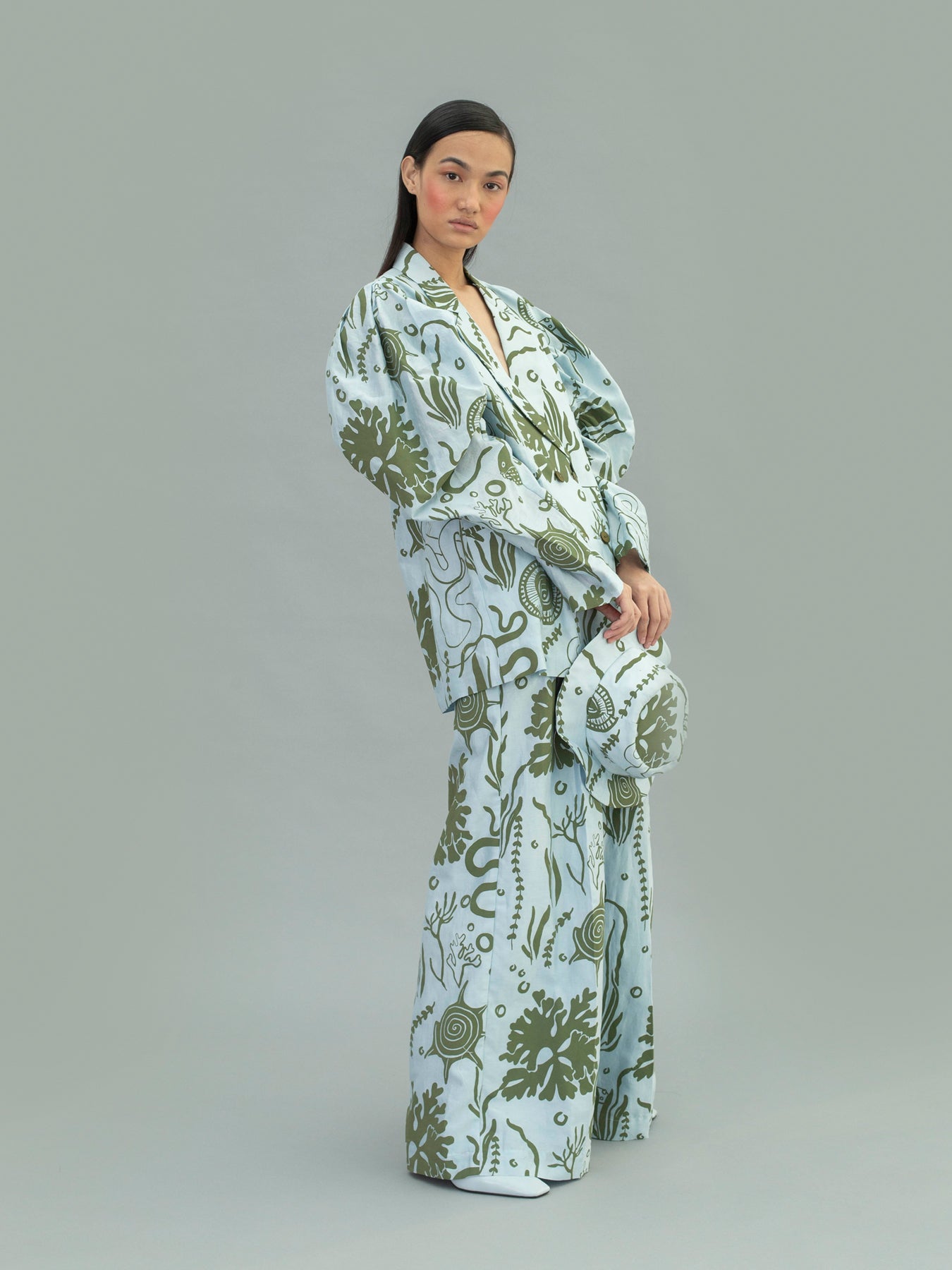 Releve Fashion Aden Double Wide Leg Trousers with Ocean Print Sustainable Luxury Fashion Conscious Clothing Ethical Designer Brand Artisanal Handcrafted Purchase with Purpose Shop for Good