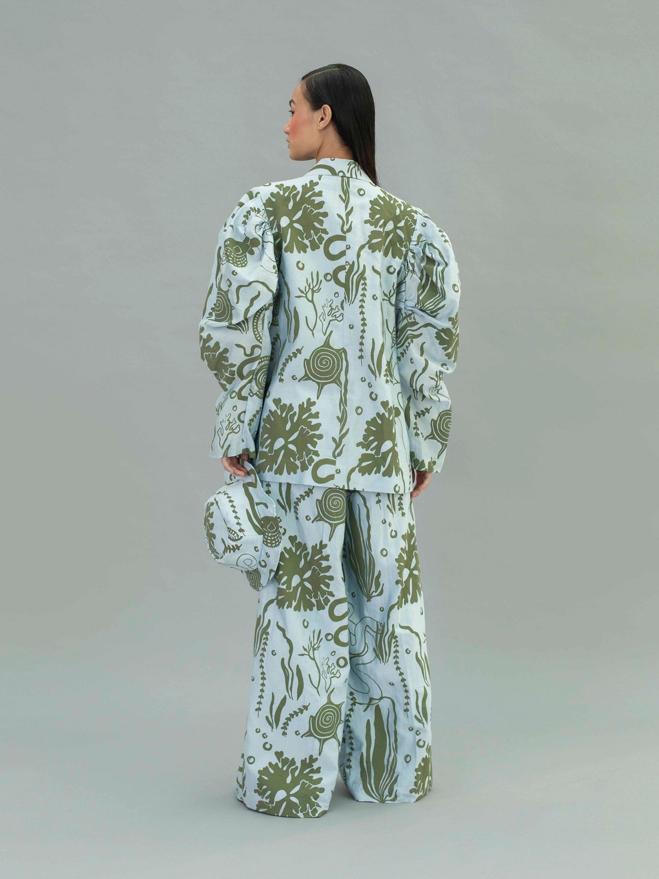 Releve Fashion Aden Double Wide Leg Trousers with Ocean Print Sustainable Luxury Fashion Conscious Clothing Ethical Designer Brand Artisanal Handcrafted Purchase with Purpose Shop for Good