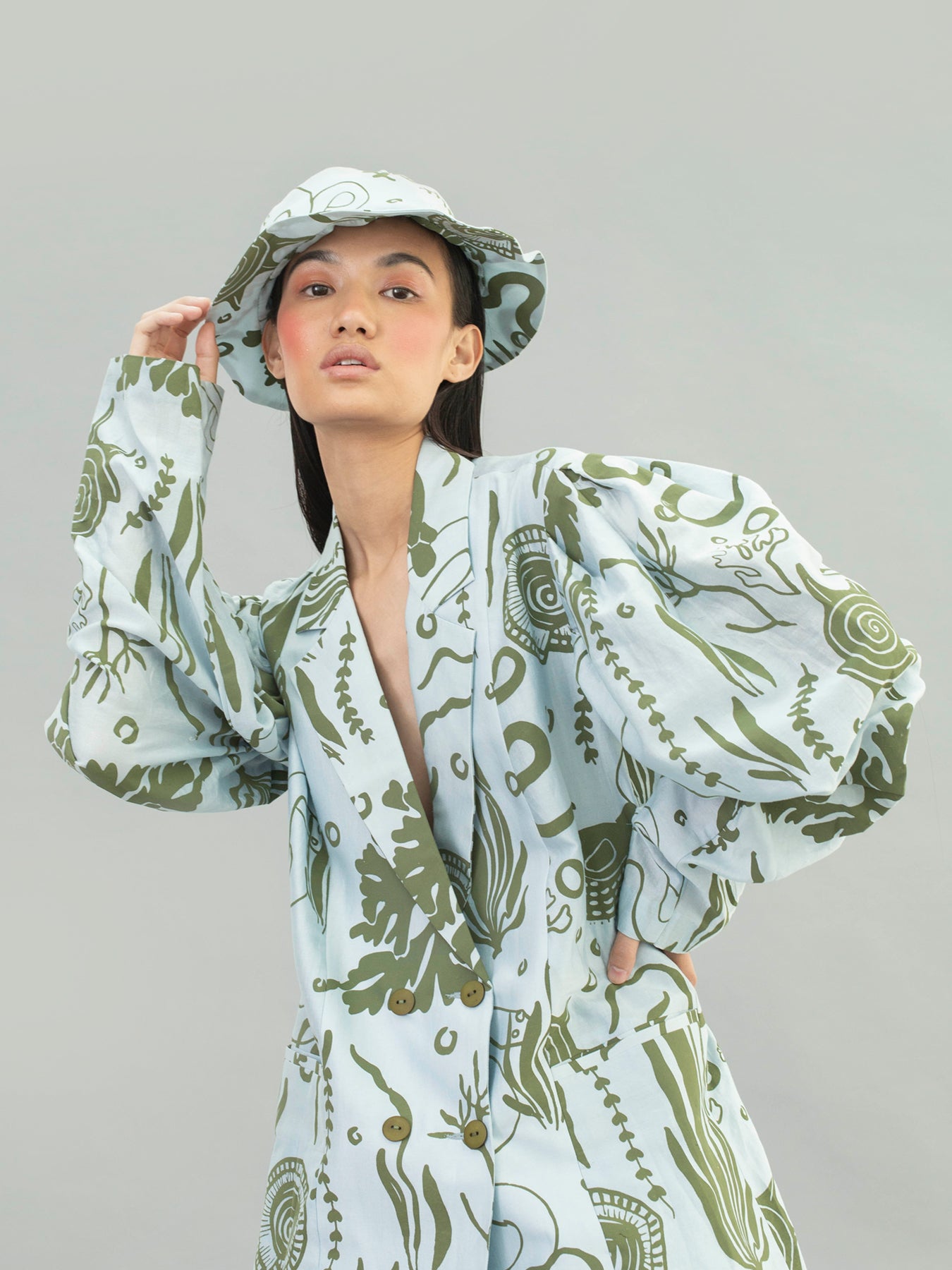 Releve Fashion Aden Double Breasted Suit Jacket with Ocean Print Sustainable Luxury Fashion Conscious Clothing Ethical Designer Brand Artisanal Handcrafted Purchase with Purpose Shop for Good