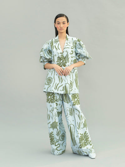Releve Fashion Aden Double Wide Leg Trousers with Ocean Print Sustainable Luxury Fashion Conscious Clothing Ethical Designer Brand Artisanal Handcrafted Purchase with Purpose Shop for Good