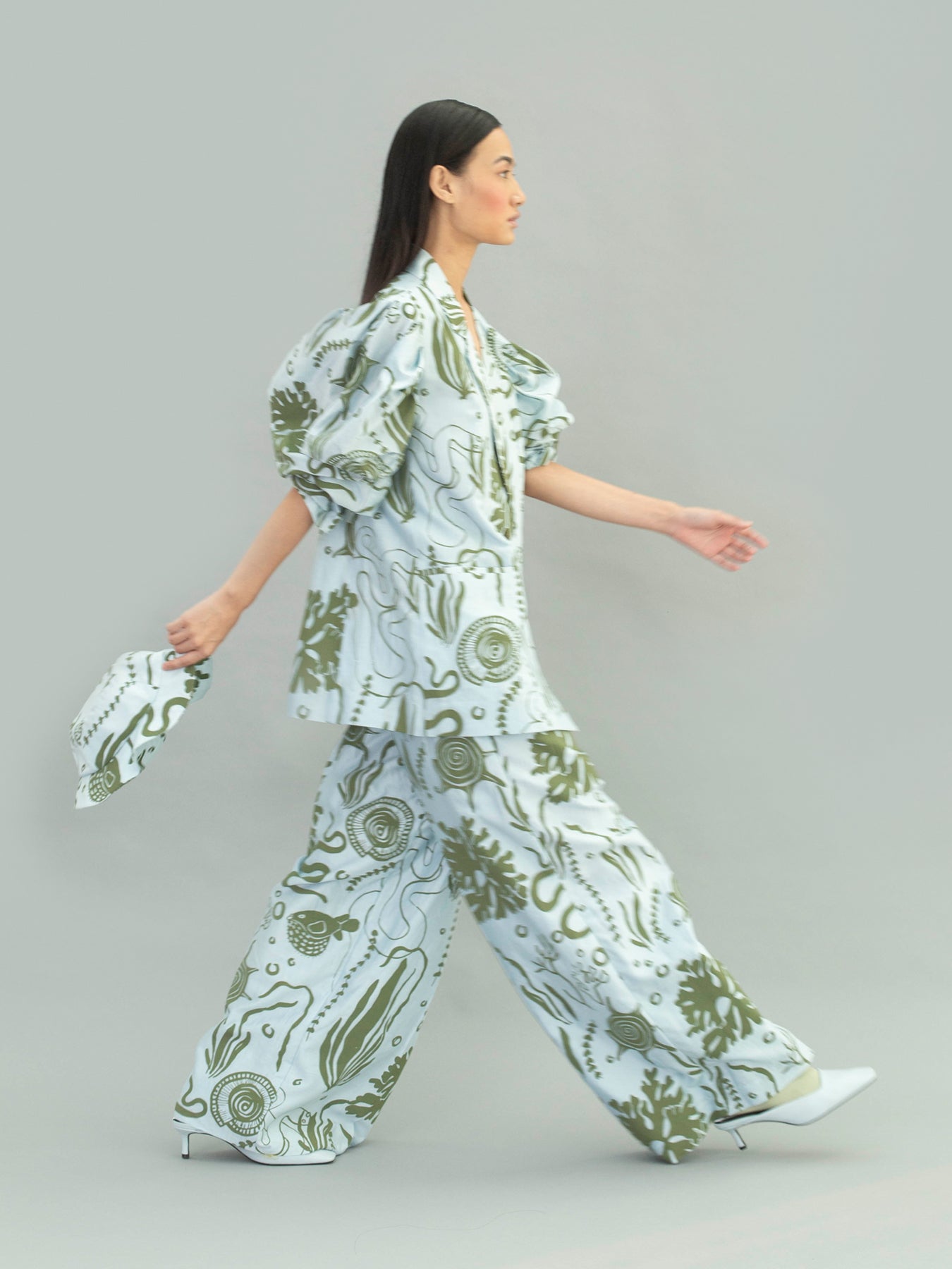 Releve Fashion Aden Double Wide Leg Trousers with Ocean Print Sustainable Luxury Fashion Conscious Clothing Ethical Designer Brand Artisanal Handcrafted Purchase with Purpose Shop for Good