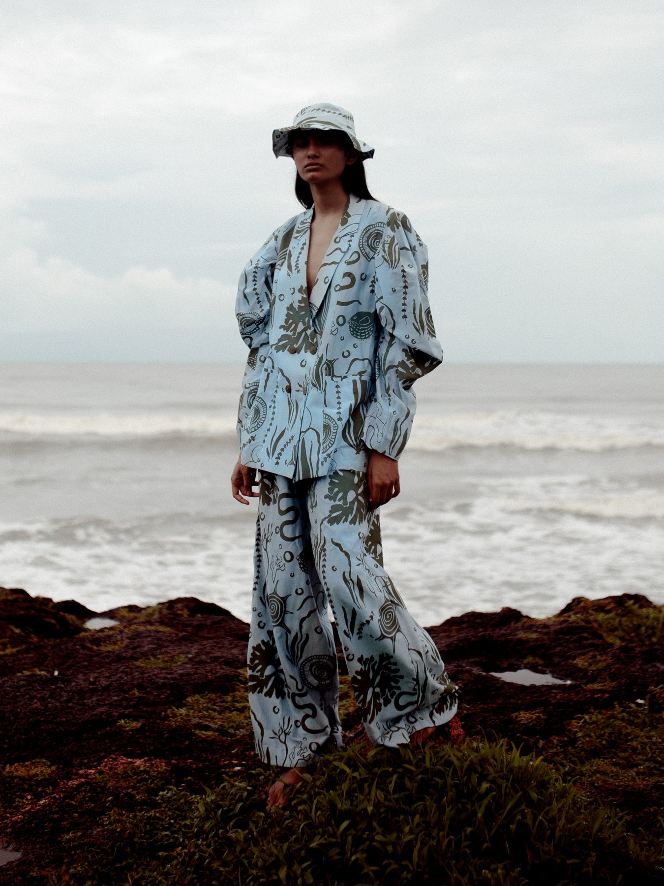 Releve Fashion Aden Double Wide Leg Trousers with Ocean Print Sustainable Luxury Fashion Conscious Clothing Ethical Designer Brand Artisanal Handcrafted Purchase with Purpose Shop for Good