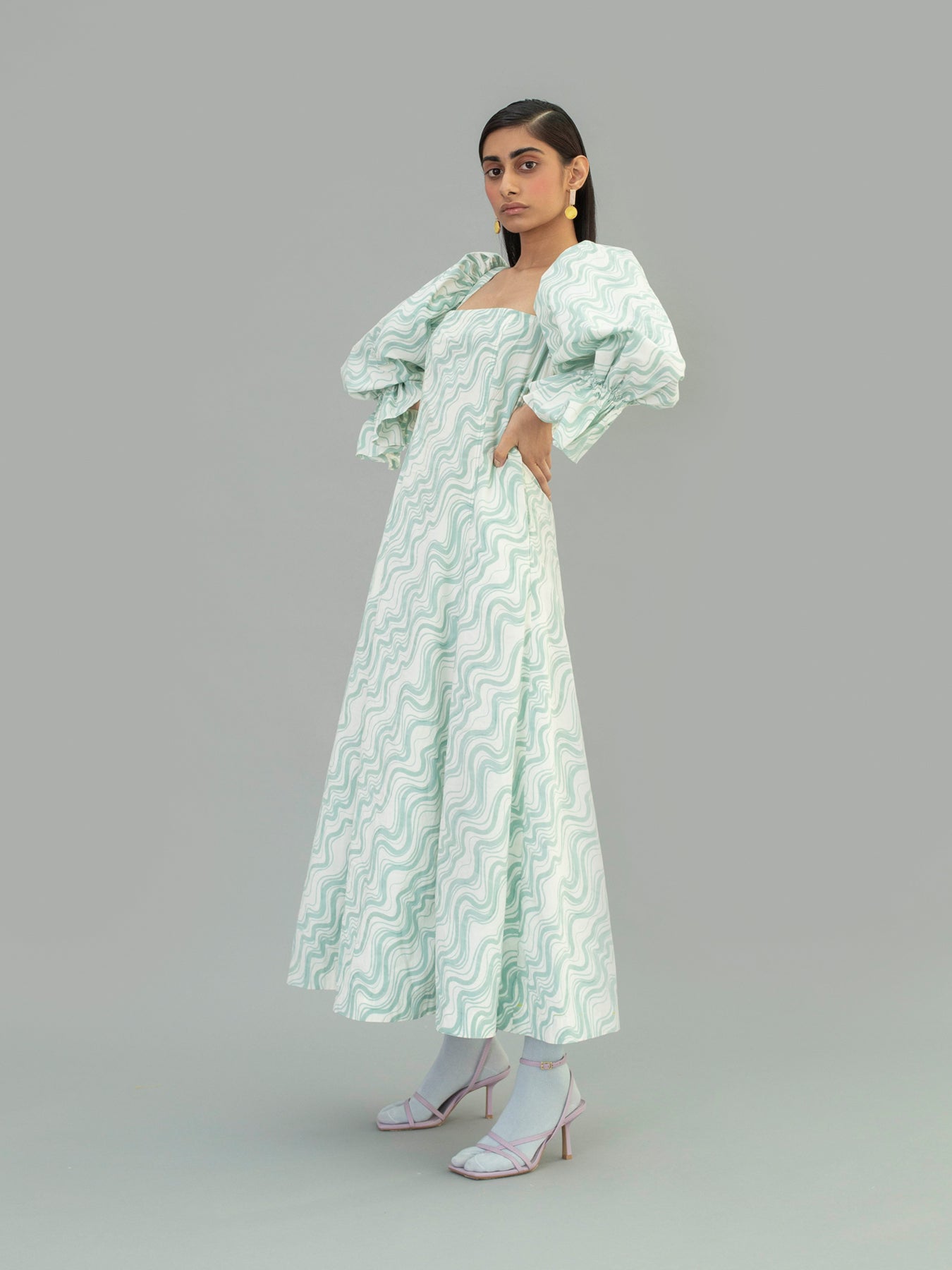 Releve Fashion Aqua Cotton Poplin Puff Sleeve Dress with Wave Print Sustainable Luxury Fashion Conscious Clothing Ethical Designer Brand Artisanal Handcrafted Purchase with Purpose Shop for Good