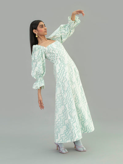 Releve Fashion Aqua Cotton Poplin Puff Sleeve Dress with Wave Print Sustainable Luxury Fashion Conscious Clothing Ethical Designer Brand Artisanal Handcrafted Purchase with Purpose Shop for Good