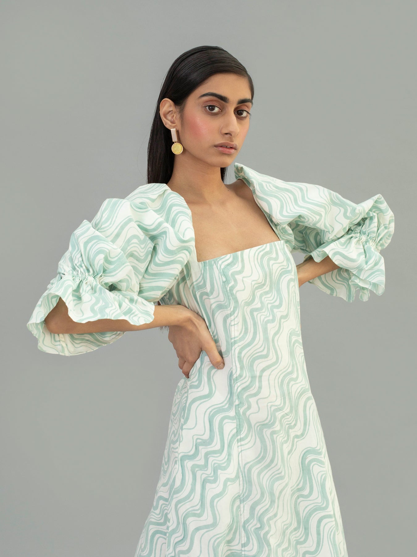 Releve Fashion Aqua Cotton Poplin Puff Sleeve Dress with Wave Print Sustainable Luxury Fashion Conscious Clothing Ethical Designer Brand Artisanal Handcrafted Purchase with Purpose Shop for Good