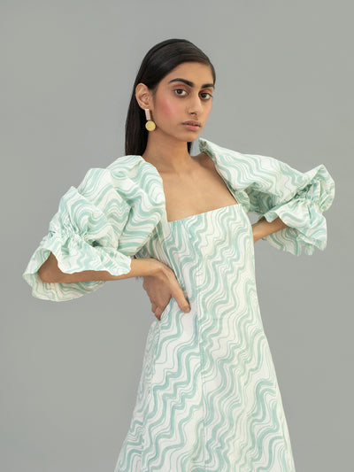 Releve Fashion Aqua Cotton Poplin Puff Sleeve Dress with Wave Print Sustainable Luxury Fashion Conscious Clothing Ethical Designer Brand Artisanal Handcrafted Purchase with Purpose Shop for Good