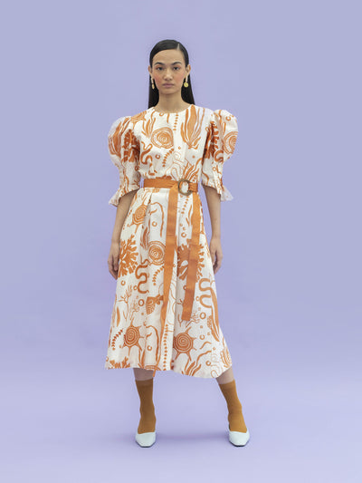 Releve Fashion Coral Midi Dress with Oyster Sleeves and Ocean Print Sustainable Luxury Fashion Conscious Clothing Ethical Designer Brand Artisanal Handcrafted Purchase with Purpose Shop for Good