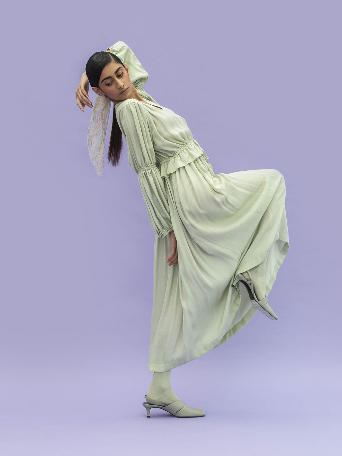 Releve Fashion Dolphin Orange Fibre Fabric Loose Fit Midi Dress in Sage Green Sustainable Luxury Fashion Conscious Clothing Ethical Designer Brand Artisanal Handcrafted Purchase with Purpose Shop for Good