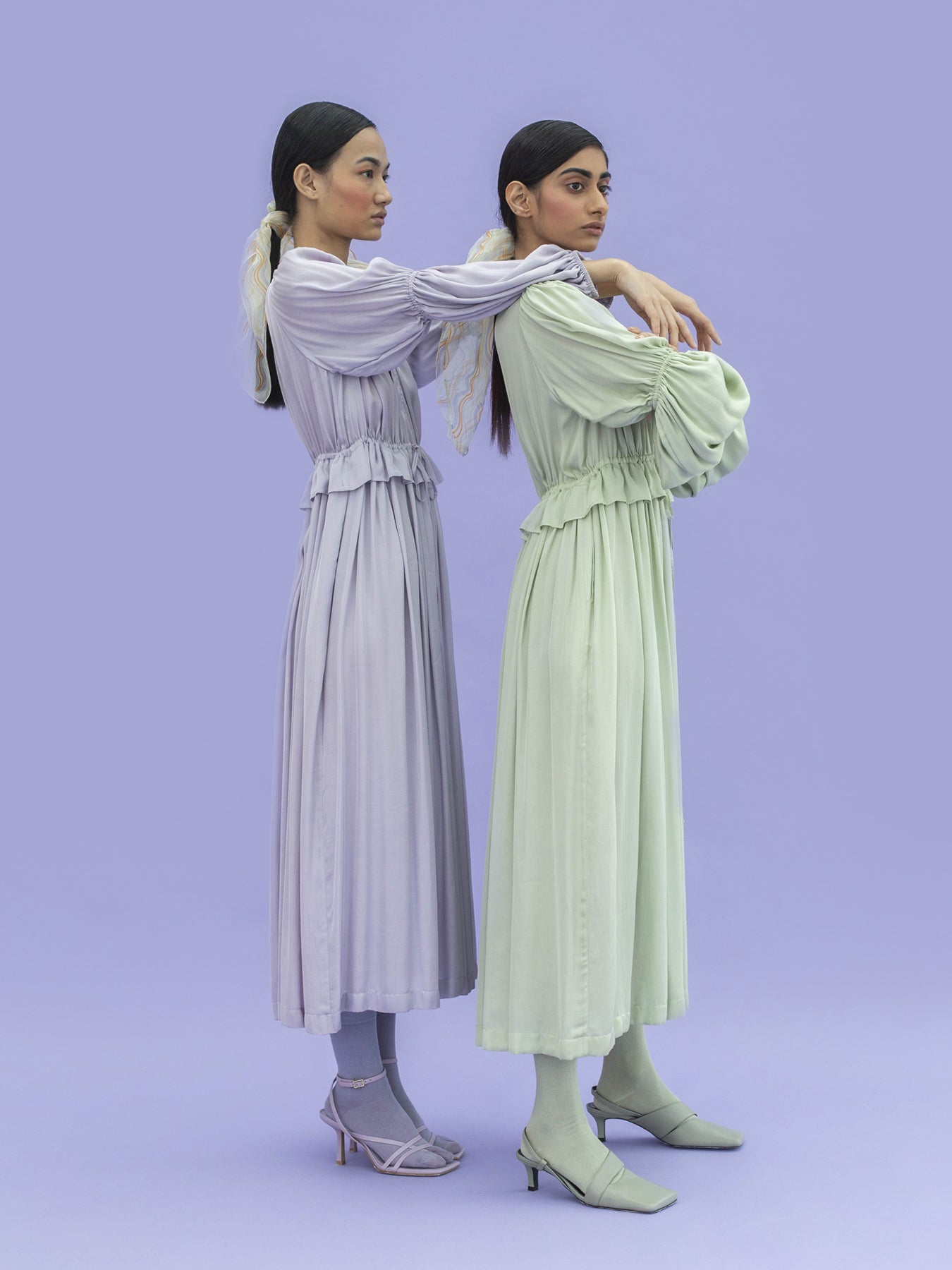 Releve Fashion Dolphin Orange Fibre Fabric Loose Fit Midi Dress in Sage Green Sustainable Luxury Fashion Conscious Clothing Ethical Designer Brand Artisanal Handcrafted Purchase with Purpose Shop for Good