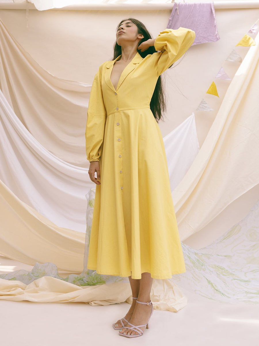 Releve Fashion Laila Poplin Suit Dress in Yellow Sustainable Luxury Fashion Conscious Clothing Ethical Designer Brand Artisanal Handcrafted Purchase with Purpose Shop for Good