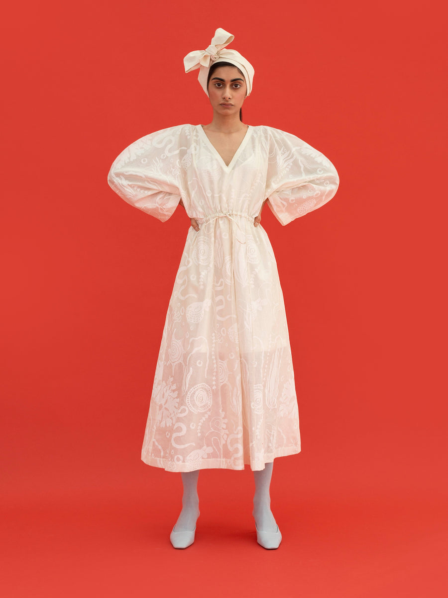 Releve Fashion Lana Lightweight Printed Dress in White Sustainable Luxury Fashion Conscious Clothing Ethical Designer Brand Artisanal Handcrafted Purchase with Purpose Shop for Good