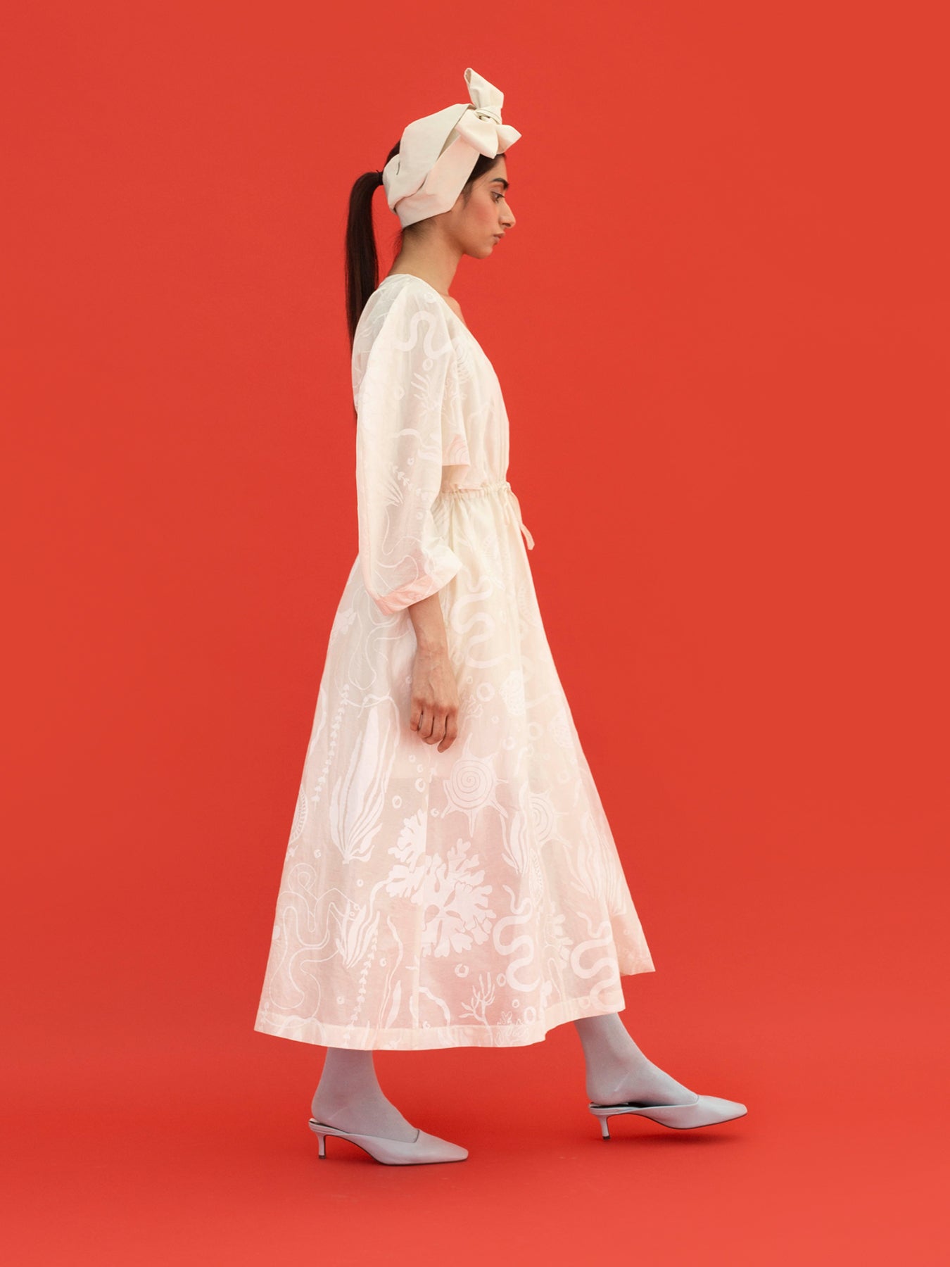 Releve Fashion Lana Lightweight Printed Dress in White Sustainable Luxury Fashion Conscious Clothing Ethical Designer Brand Artisanal Handcrafted Purchase with Purpose Shop for Good