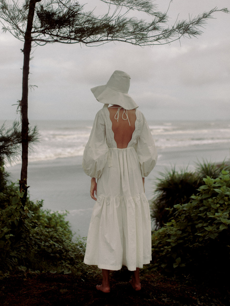 Releve Fashion Lorelei Open Back Dress in White Sustainable Luxury Fashion Conscious Clothing Ethical Designer Brand Artisanal Handcrafted Purchase with Purpose Shop for Good
