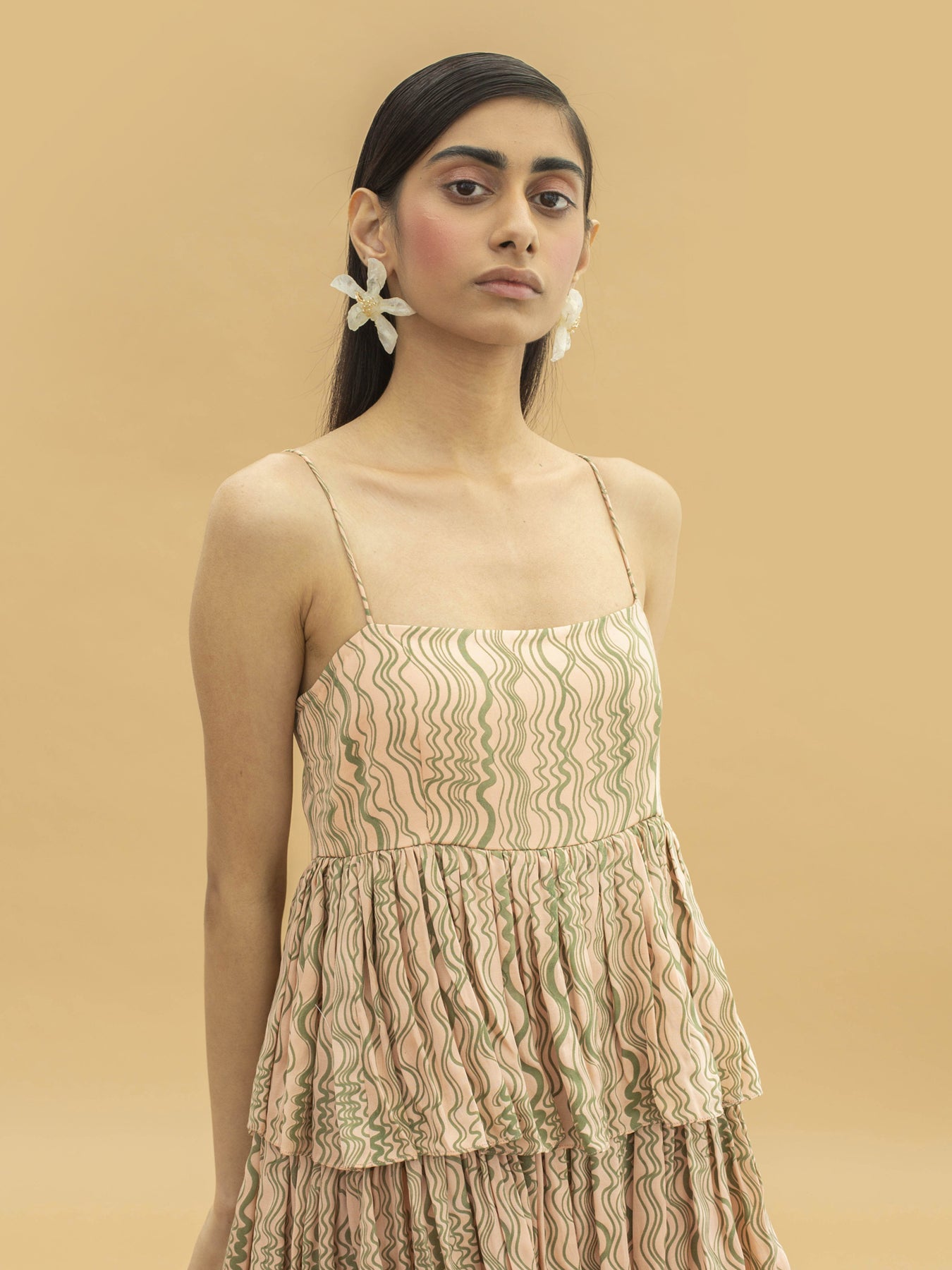 Releve Fashion Mari Orange Fibre Fabric Tiered Maxi Dress with Wave Print Sustainable Luxury Fashion Conscious Clothing Ethical Designer Brand Artisanal Handcrafted Purchase with Purpose Shop for Good