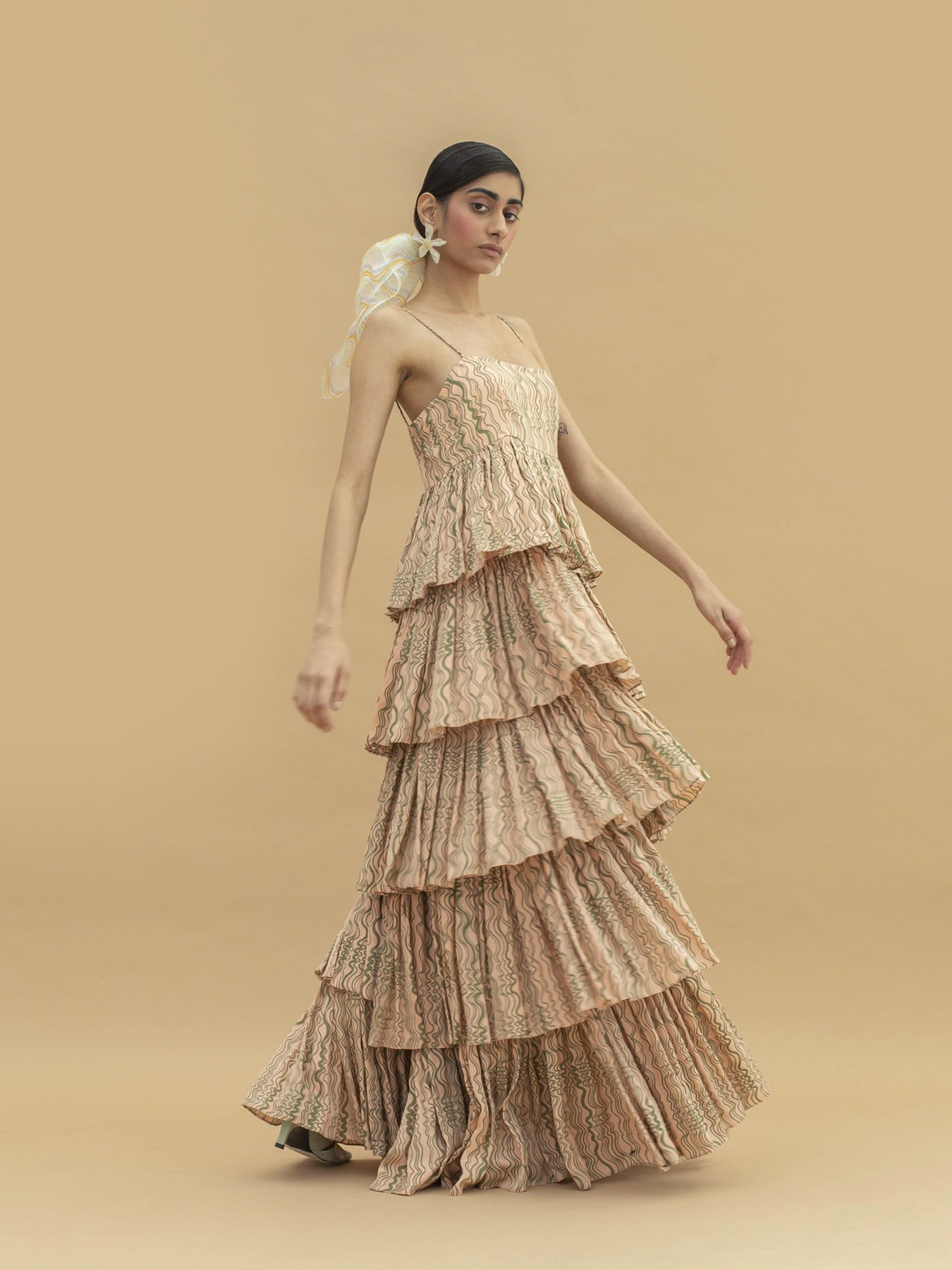 Releve Fashion Mari Orange Fibre Fabric Tiered Maxi Dress with Wave Print Sustainable Luxury Fashion Conscious Clothing Ethical Designer Brand Artisanal Handcrafted Purchase with Purpose Shop for Good