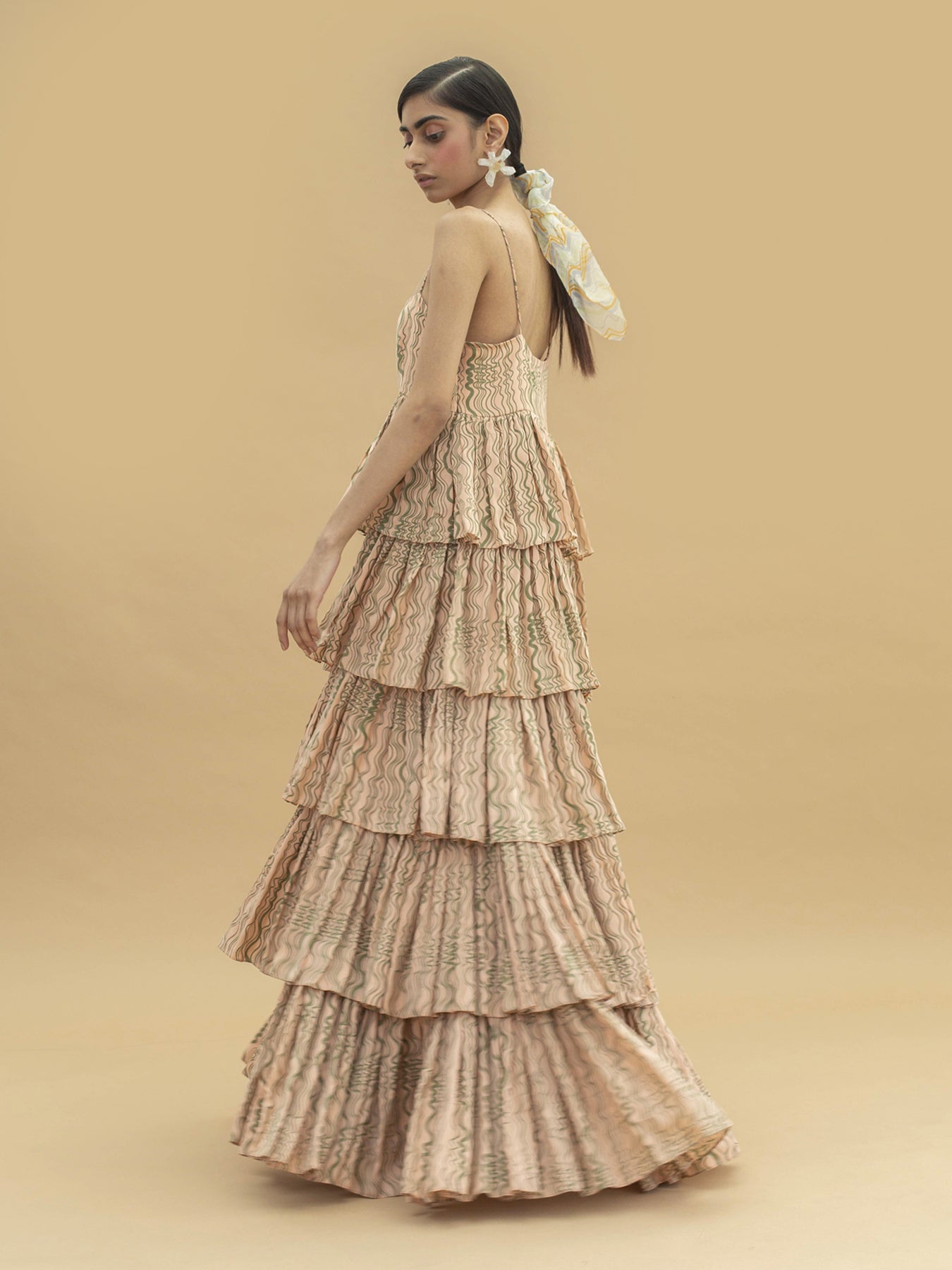 Releve Fashion Mari Orange Fibre Fabric Tiered Maxi Dress with Wave Print Sustainable Luxury Fashion Conscious Clothing Ethical Designer Brand Artisanal Handcrafted Purchase with Purpose Shop for Good