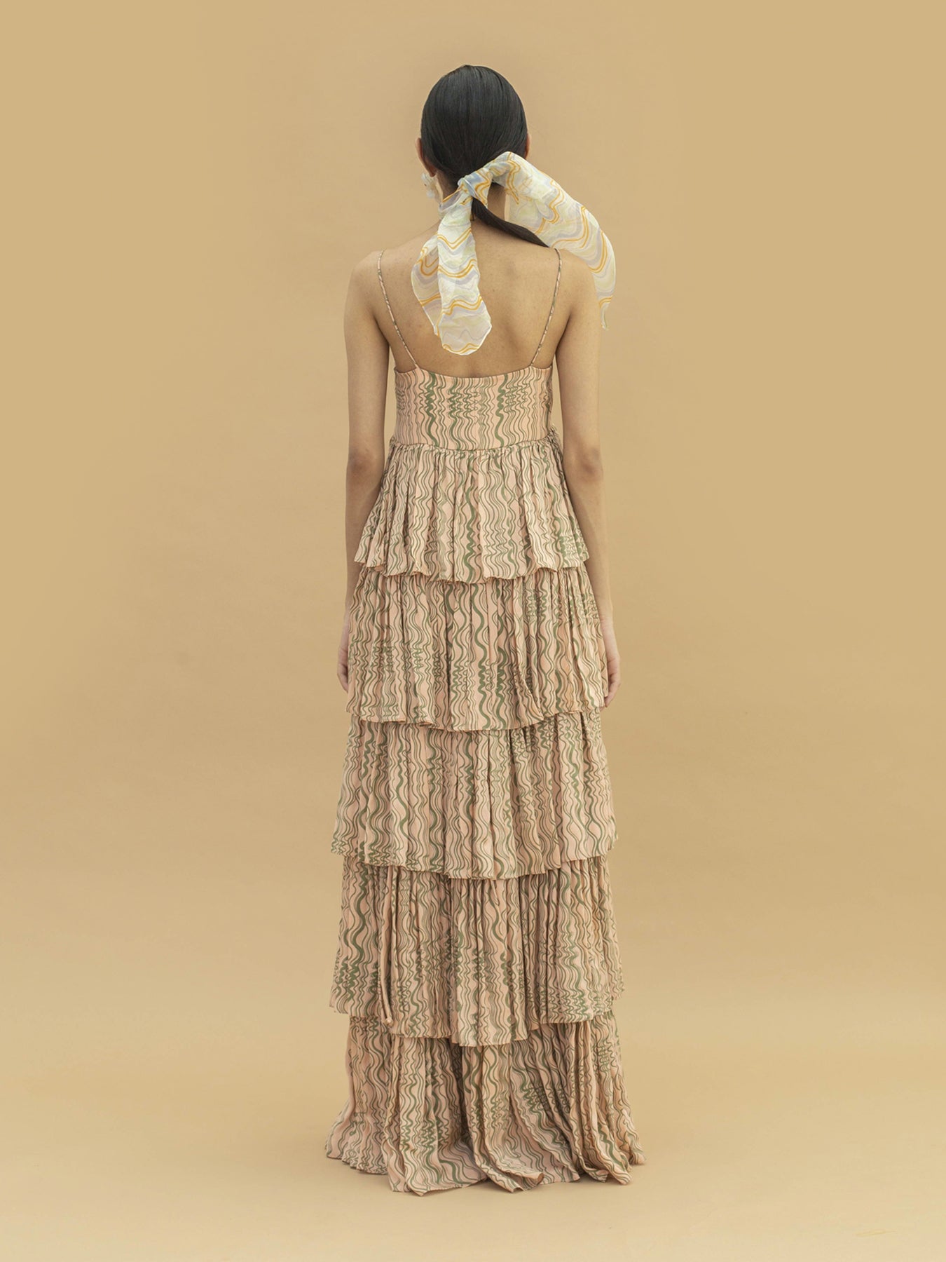 Releve Fashion Mari Orange Fibre Fabric Tiered Maxi Dress with Wave Print Sustainable Luxury Fashion Conscious Clothing Ethical Designer Brand Artisanal Handcrafted Purchase with Purpose Shop for Good