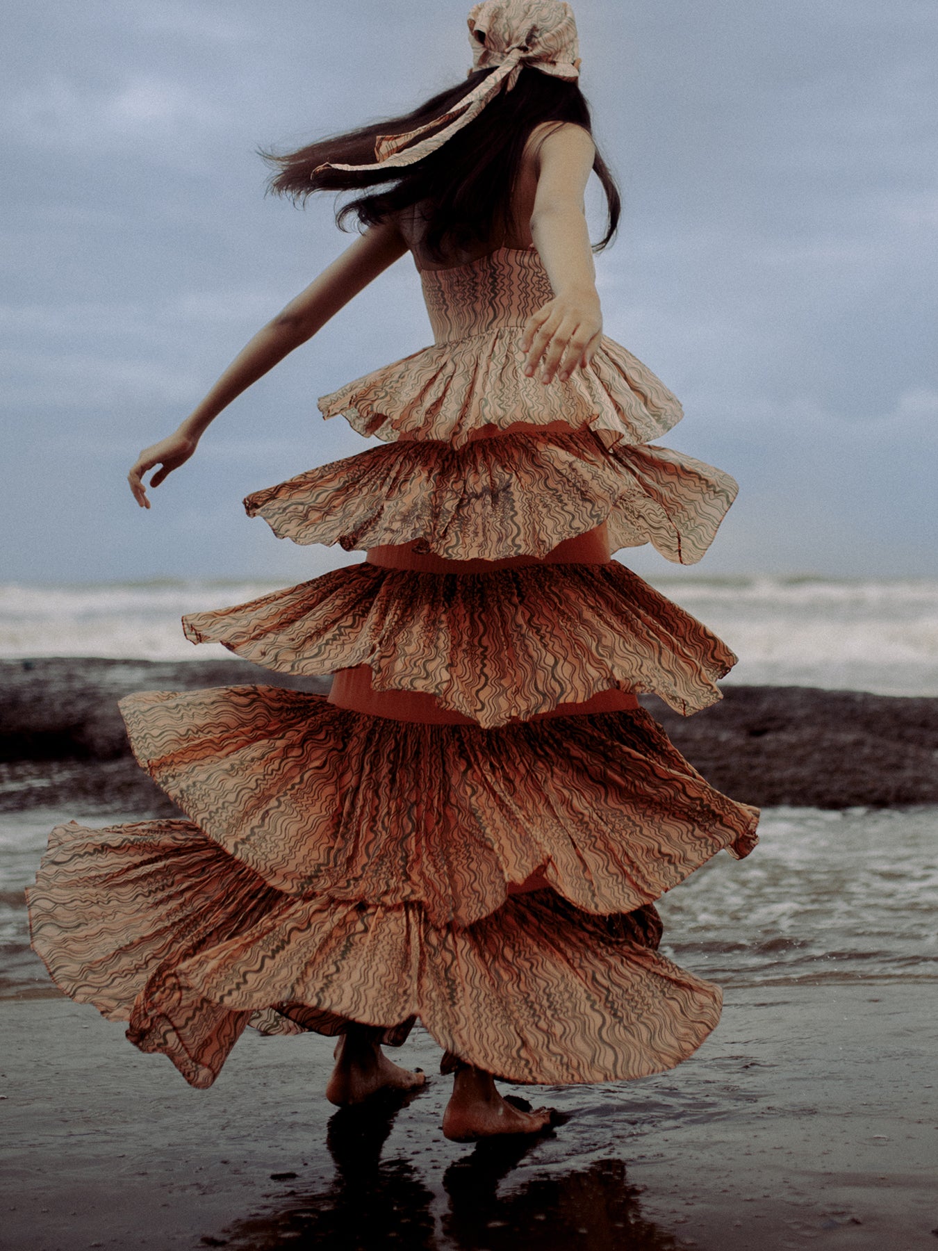 Releve Fashion Mari Orange Fibre Fabric Tiered Maxi Dress with Wave Print Sustainable Luxury Fashion Conscious Clothing Ethical Designer Brand Artisanal Handcrafted Purchase with Purpose Shop for Good