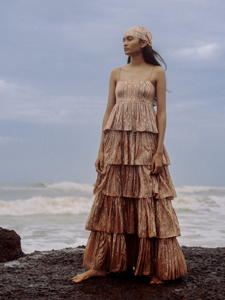 Releve Fashion Mari Orange Fibre Fabric Tiered Maxi Dress with Wave Print Sustainable Luxury Fashion Conscious Clothing Ethical Designer Brand Artisanal Handcrafted Purchase with Purpose Shop for Good