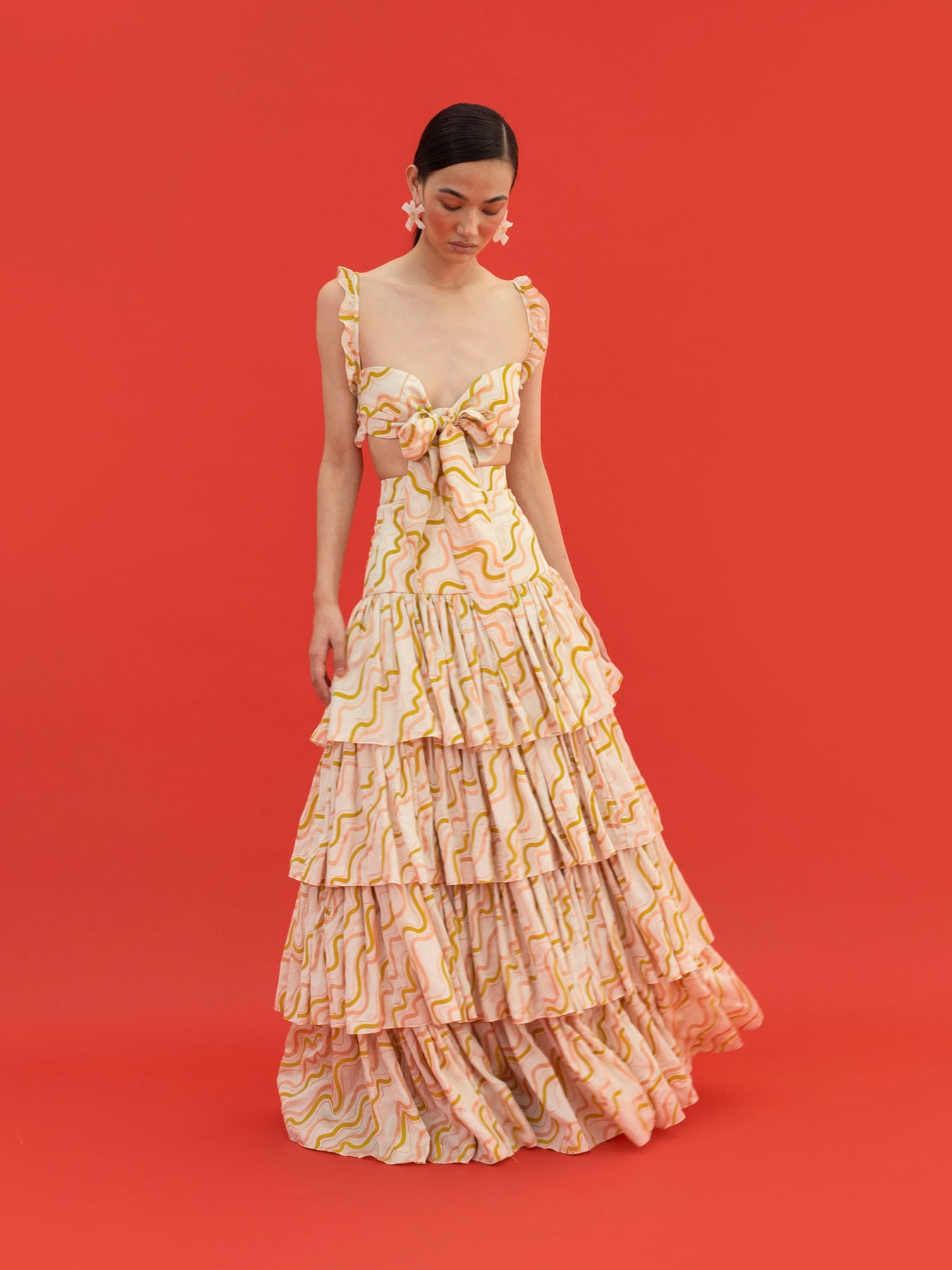 Noa Multi-Tiered Pleated Skirt, Wave Print