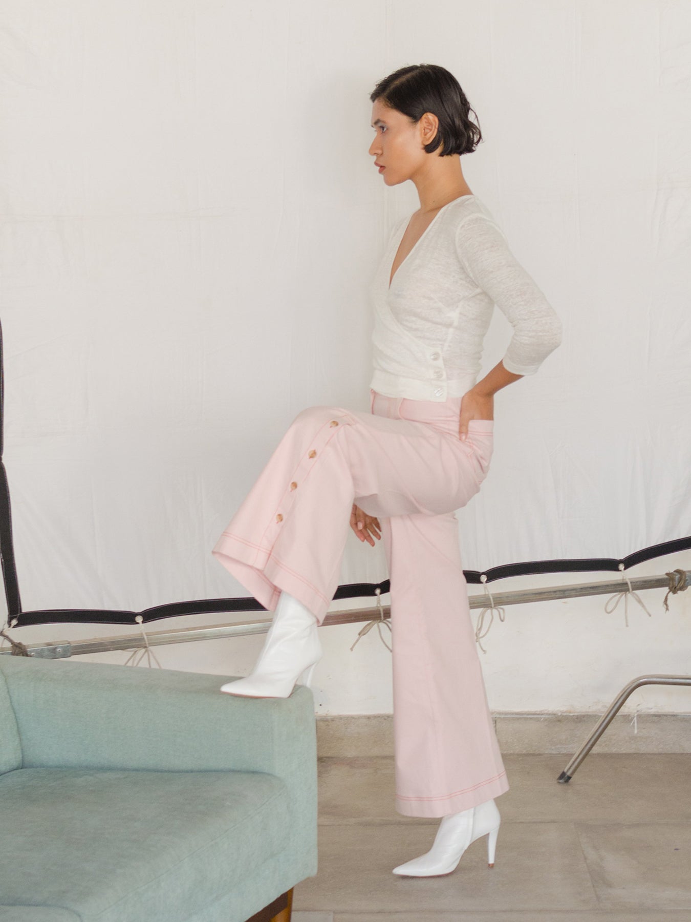 Releve Fashion Paloma Loose Fit Trousers in Light Pink Sustainable Luxury Fashion Conscious Clothing Ethical Designer Brand Artisanal Handcrafted Purchase with Purpose Shop for Good