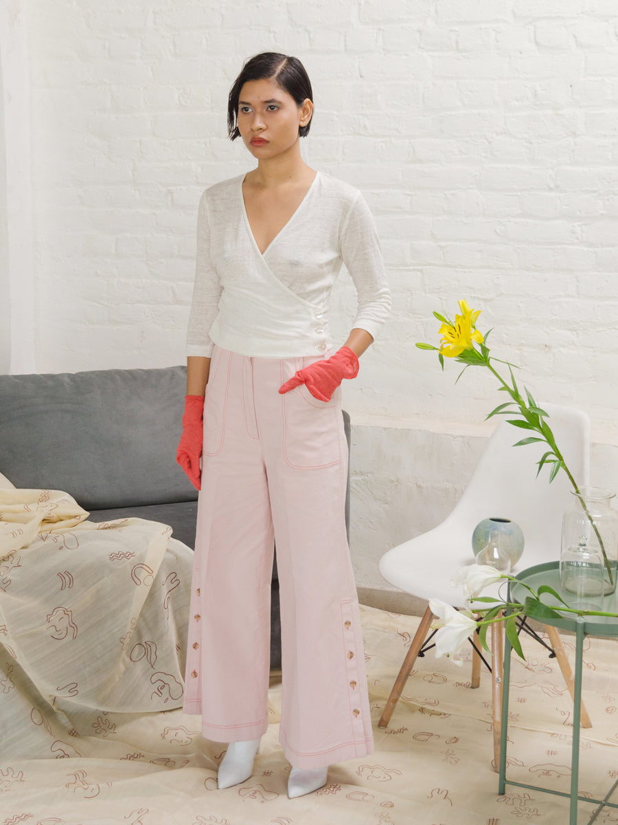 Releve Fashion Paloma Loose Fit Trousers in Light Pink Sustainable Luxury Fashion Conscious Clothing Ethical Designer Brand Artisanal Handcrafted Purchase with Purpose Shop for Good