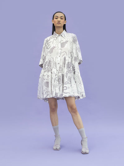 Releve Fashion Ray Loose Fit Tiered Shirt Dress with Ocean is Life Print Sustainable Luxury Fashion Conscious Clothing Ethical Designer Brand Artisanal Handcrafted Purchase with Purpose Shop for Good