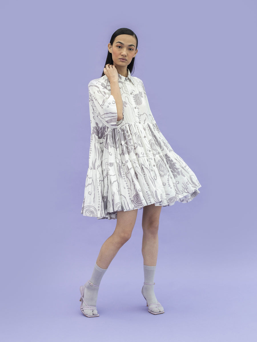 Releve Fashion Ray Loose Fit Tiered Shirt Dress with Ocean is Life Print Sustainable Luxury Fashion Conscious Clothing Ethical Designer Brand Artisanal Handcrafted Purchase with Purpose Shop for Good