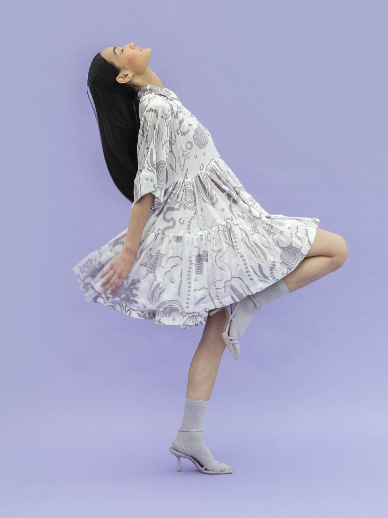 Releve Fashion Ray Loose Fit Tiered Shirt Dress with Ocean is Life Print Sustainable Luxury Fashion Conscious Clothing Ethical Designer Brand Artisanal Handcrafted Purchase with Purpose Shop for Good