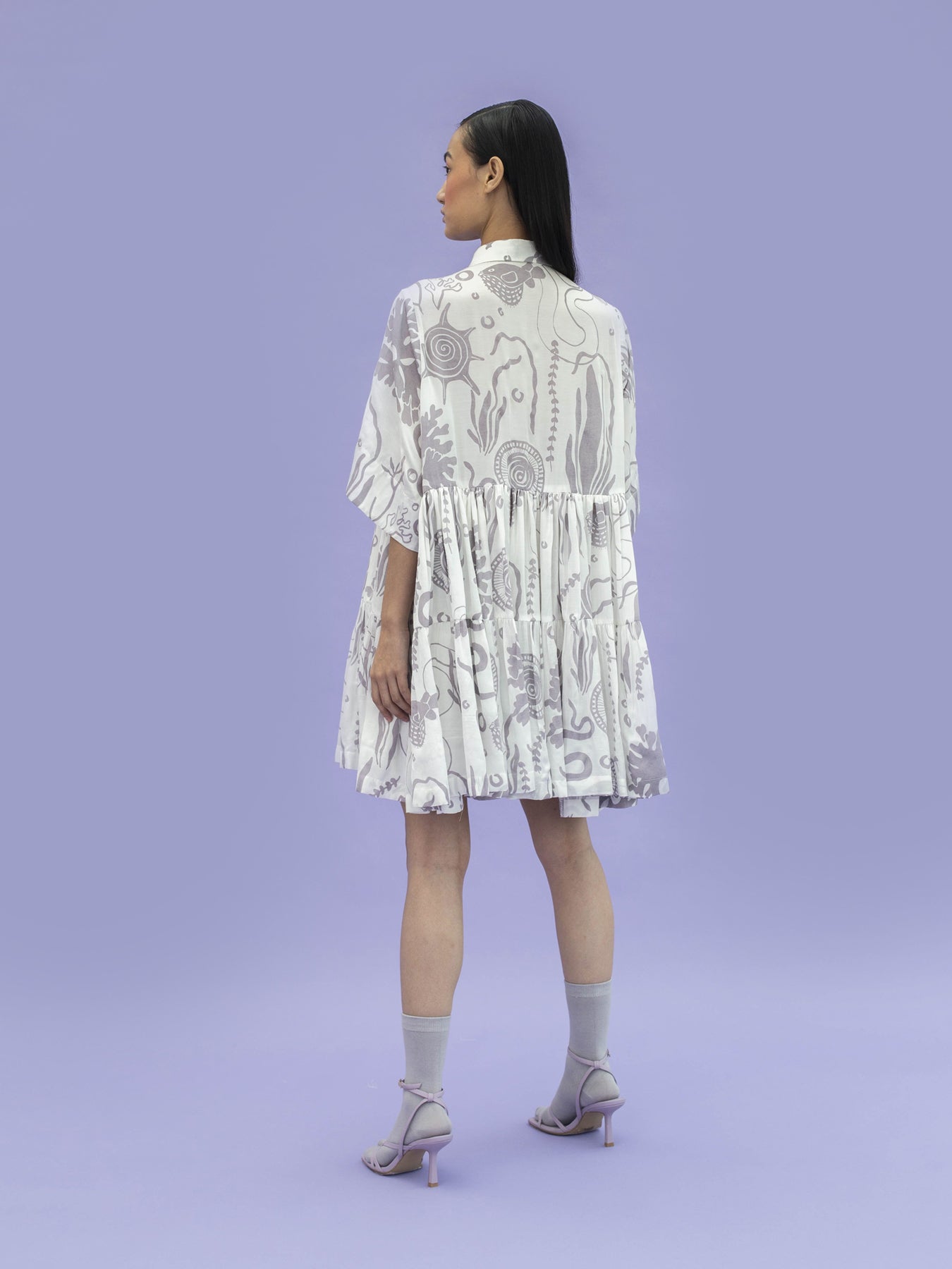 Releve Fashion Ray Loose Fit Tiered Shirt Dress with Ocean is Life Print Sustainable Luxury Fashion Conscious Clothing Ethical Designer Brand Artisanal Handcrafted Purchase with Purpose Shop for Good