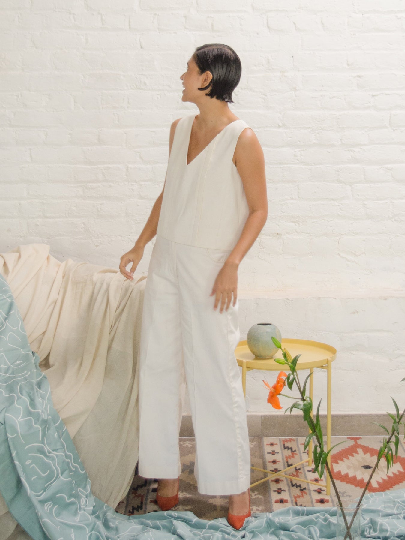 Releve Fashion Stella Sleeveless V-Neck Top in Beige Sustainable Luxury Fashion Conscious Clothing Ethical Designer Brand Artisanal Handcrafted Purchase with Purpose Shop for Good