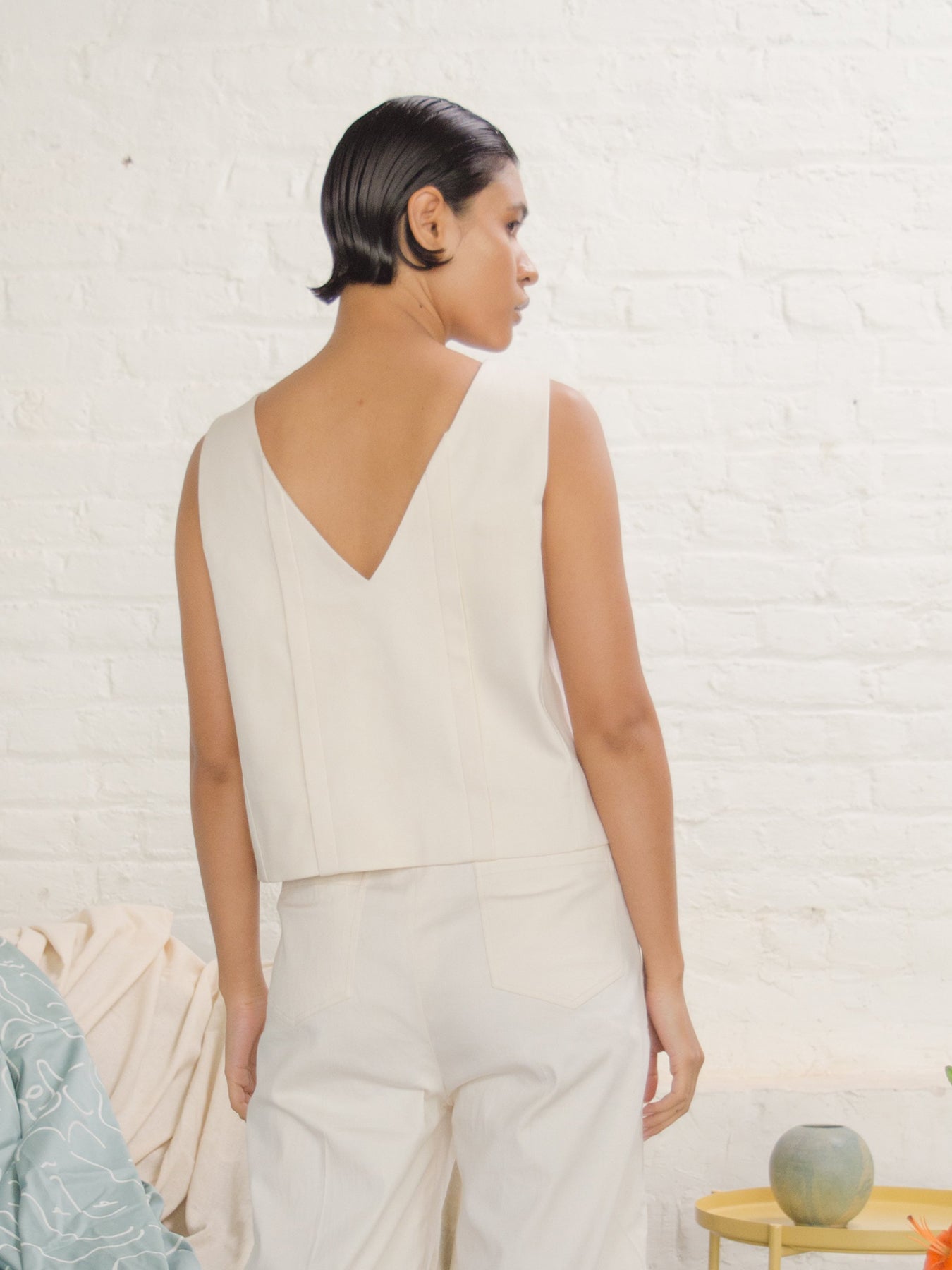 Releve Fashion Stella Sleeveless V-Neck Top in Beige Sustainable Luxury Fashion Conscious Clothing Ethical Designer Brand Artisanal Handcrafted Purchase with Purpose Shop for Good