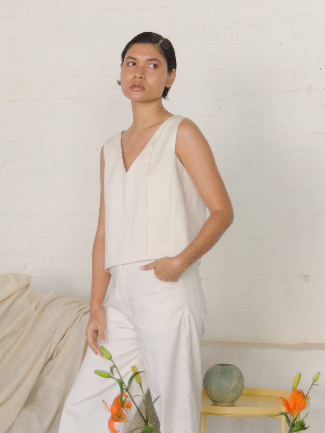 Releve Fashion Stella Sleeveless V-Neck Top in Beige Sustainable Luxury Fashion Conscious Clothing Ethical Designer Brand Artisanal Handcrafted Purchase with Purpose Shop for Good