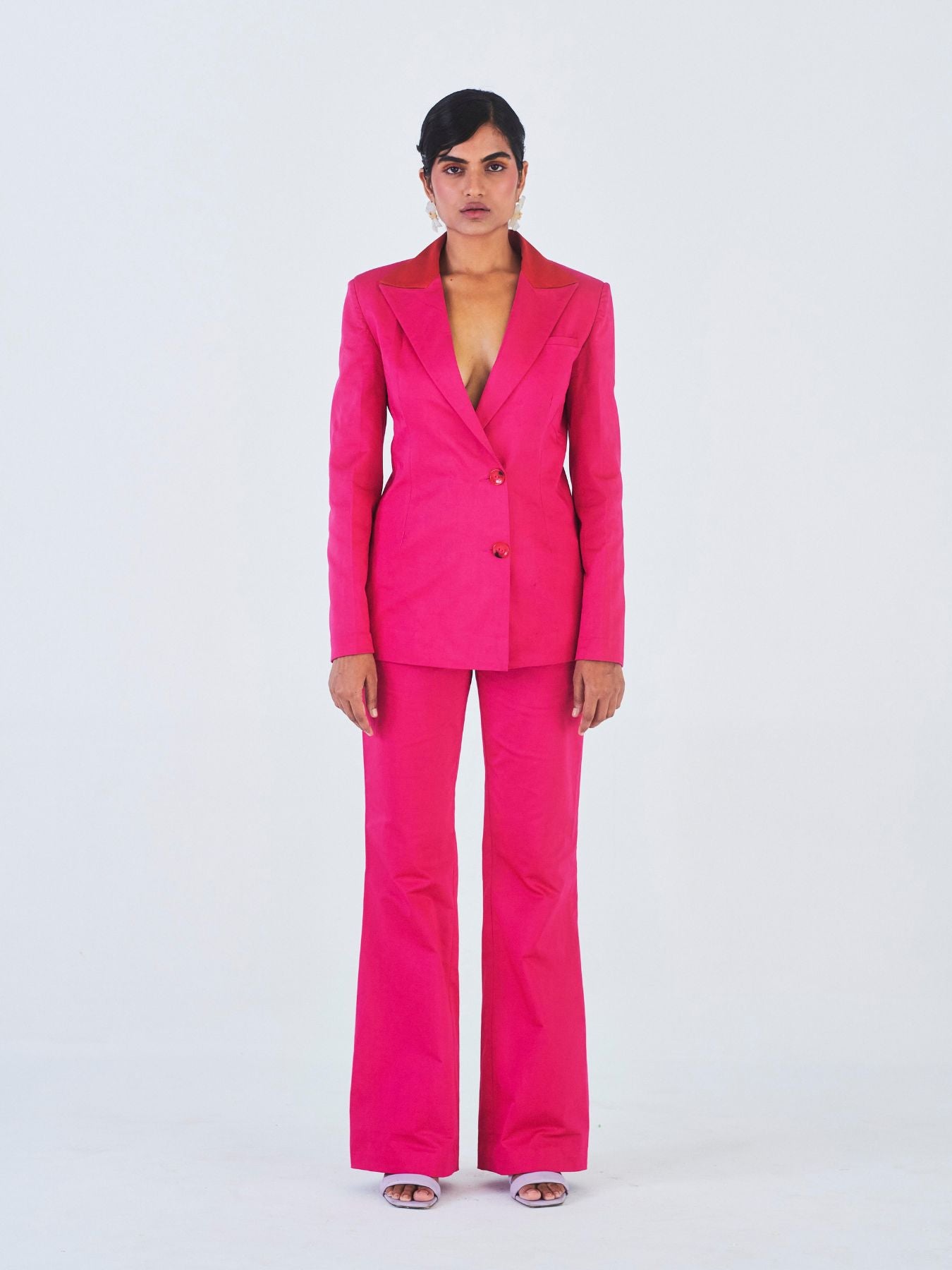pink net embroidered straight jacket style trouser suit 3104