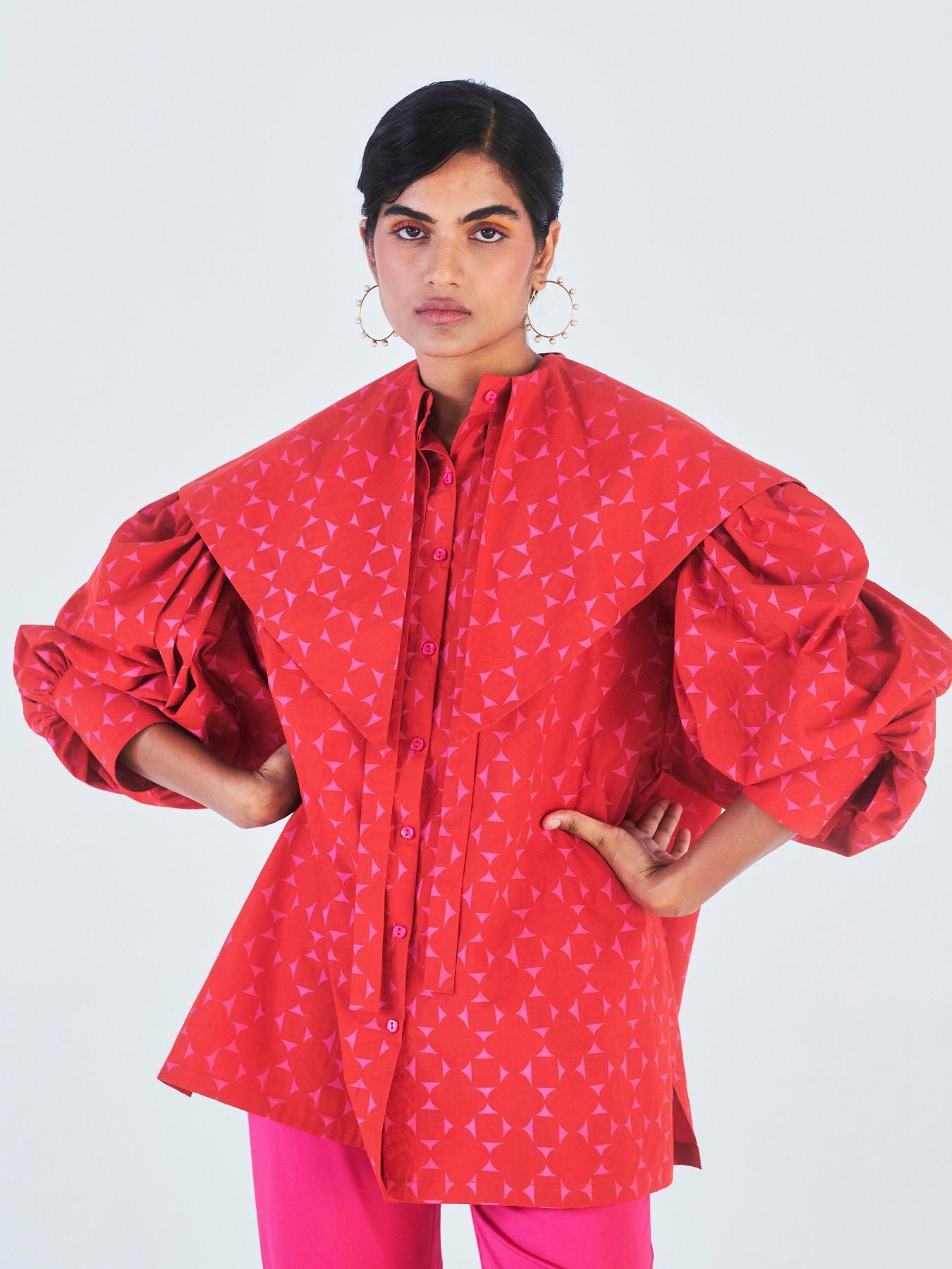 Releve Fashion Little Things Studio Gulmohar Oversized Collared Top in Red and Pink Geometric Print Ethical Luxury Brand Sustainable Clothing Conscious Fashion Purchase with Purpose Shop for Good