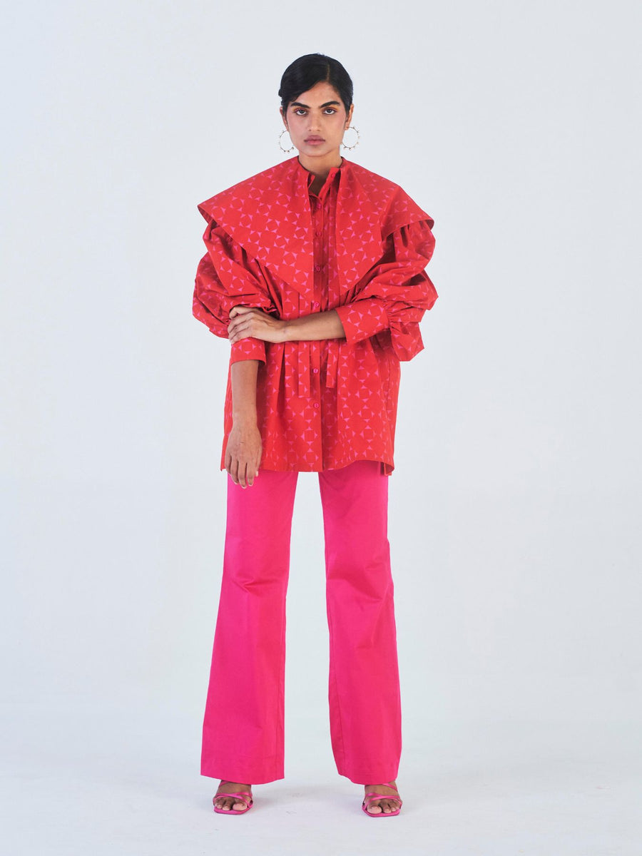 Releve Fashion Little Things Studio Gulmohar Oversized Collared Top in Red and Pink Geometric Print Ethical Luxury Brand Sustainable Clothing Conscious Fashion Purchase with Purpose Shop for Good