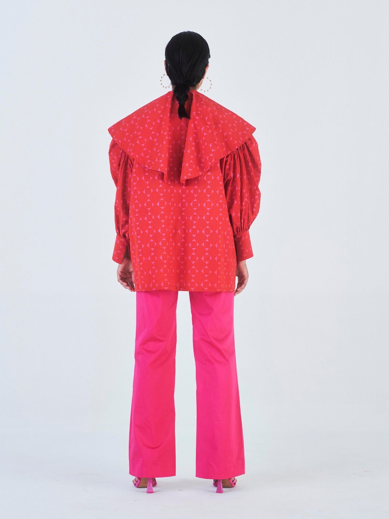 Releve Fashion Little Things Studio Gulmohar Oversized Collared Top in Red and Pink Geometric Print Ethical Luxury Brand Sustainable Clothing Conscious Fashion Purchase with Purpose Shop for Good