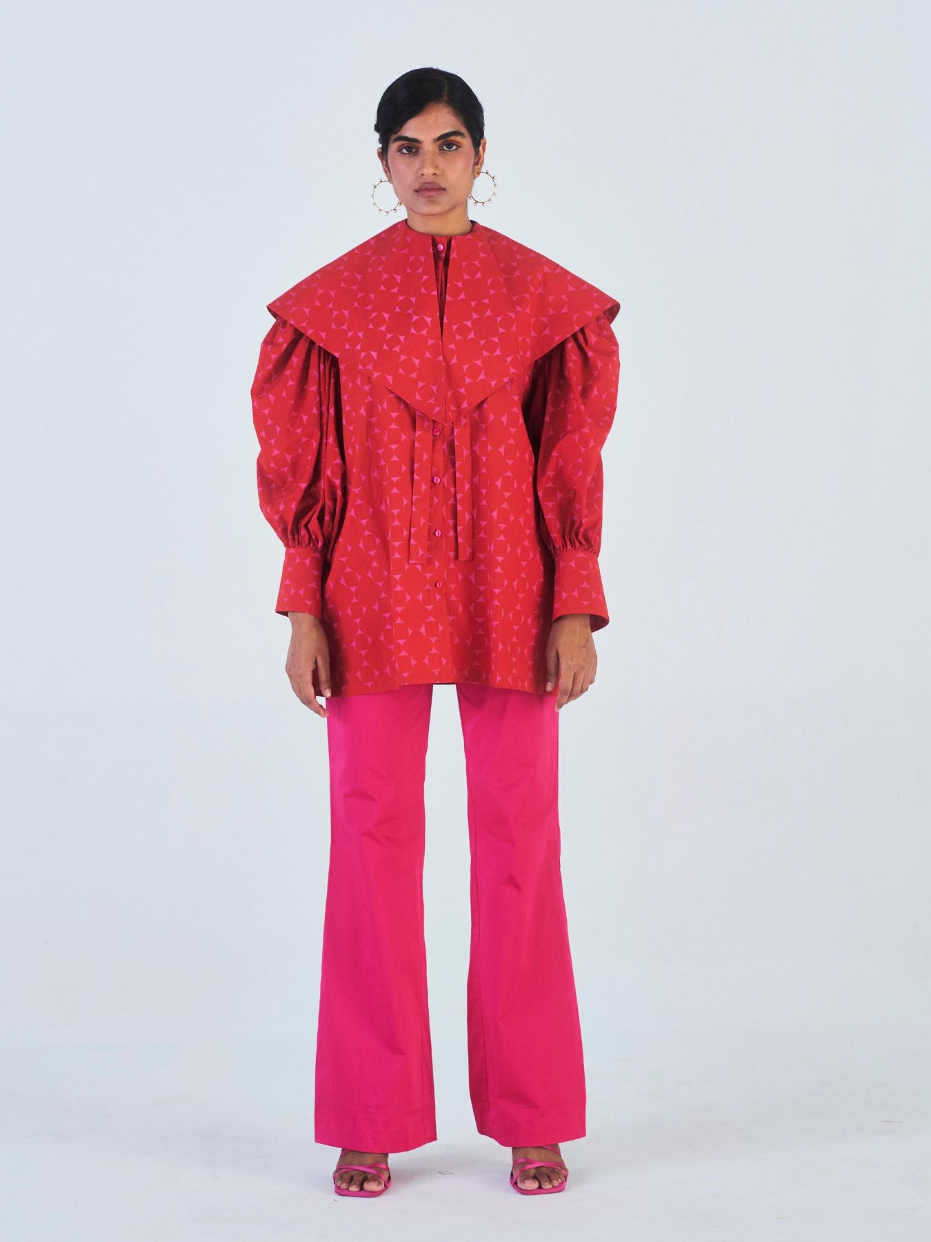 Releve Fashion Little Things Studio Gulmohar Oversized Collared Top in Red and Pink Geometric Print Ethical Luxury Brand Sustainable Clothing Conscious Fashion Purchase with Purpose Shop for Good