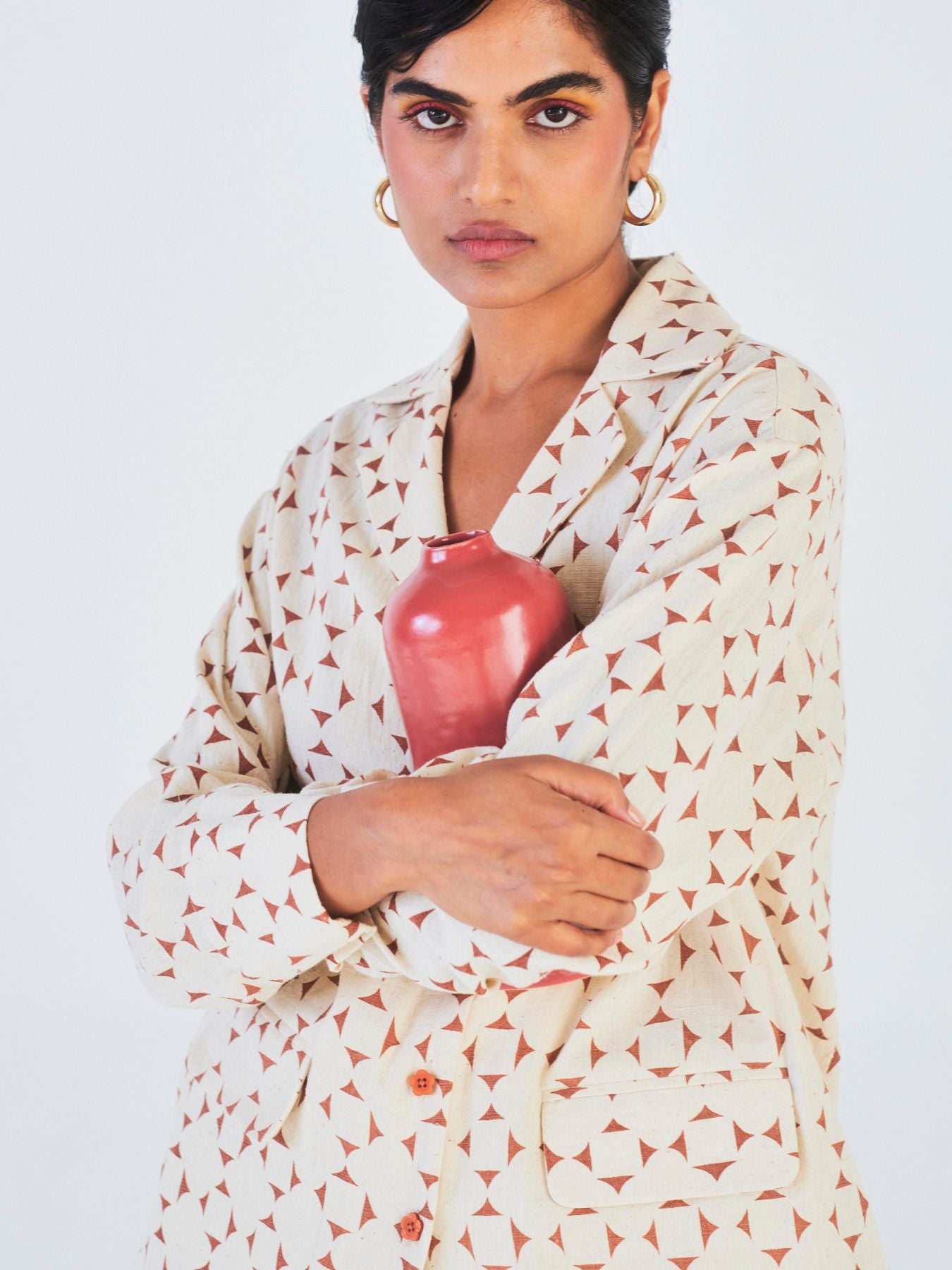 Releve Fashion Little Things Studio Hunar Button Down Top and Shorts Set Off-White and Brown Geometric Print Ethical Luxury Brand Sustainable Clothing Conscious Fashion Purchase with Purpose Shop for Good