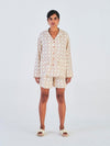 Releve Fashion Little Things Studio Hunar Button Down Top and Shorts Set Off-White and Brown Geometric Print Ethical Luxury Brand Sustainable Clothing Conscious Fashion Purchase with Purpose Shop for Good