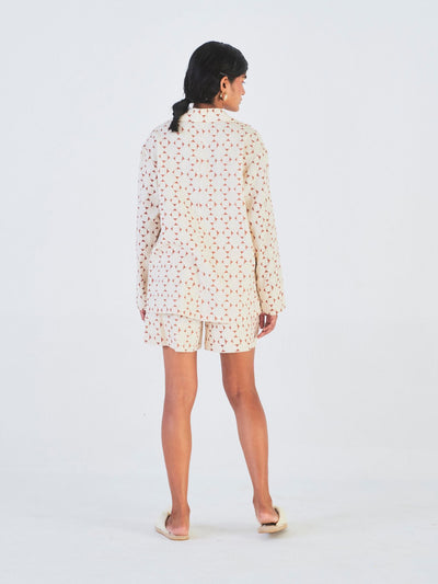 Releve Fashion Little Things Studio Hunar Button Down Top and Shorts Set Off-White and Brown Geometric Print Ethical Luxury Brand Sustainable Clothing Conscious Fashion Purchase with Purpose Shop for Good