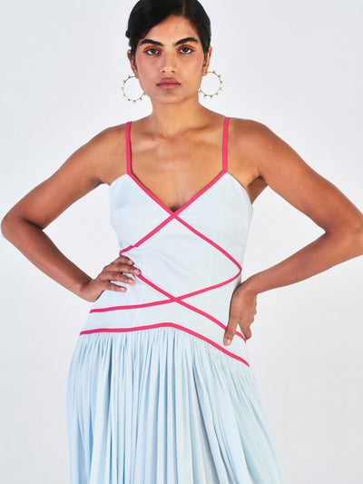 Releve Fashion Little Things Studio Jheel Rose Fibre Fabric Dress in Powder Blue and Hot Pink Sustainable Luxury Fashion Conscious Clothing Ethical Designer Brand Artisanal Handcrafted Purchase with Purpose Shop for Good