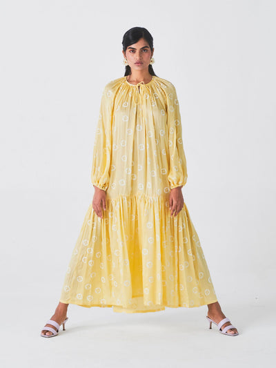 Releve Fashion Little Things Studio Juhi Rose Fibre Fabric Midi Dress in Yellow Polka Dot and Floral Print Ethical Luxury Brand Sustainable Clothing Conscious Fashion Purchase with Purpose Shop for Good