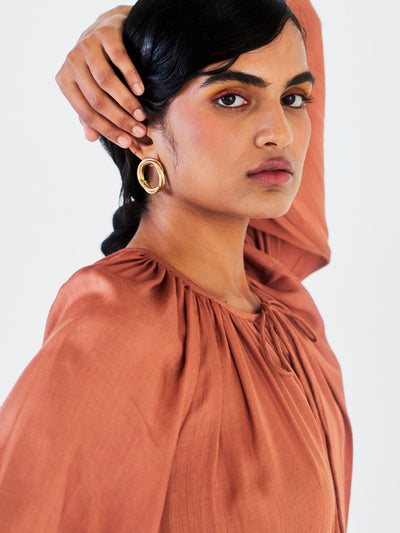 Releve Fashion Little Things Studio Juhi Rose Fibre Fabric Midi Dress in Brown Ethical Luxury Brand Sustainable Clothing Conscious Fashion Purchase with Purpose Shop for Good