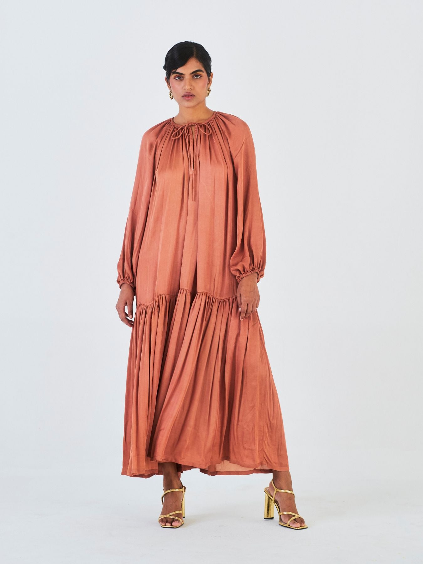 Releve Fashion Little Things Studio Juhi Rose Fibre Fabric Midi Dress in Brown Ethical Luxury Brand Sustainable Clothing Conscious Fashion Purchase with Purpose Shop for Good