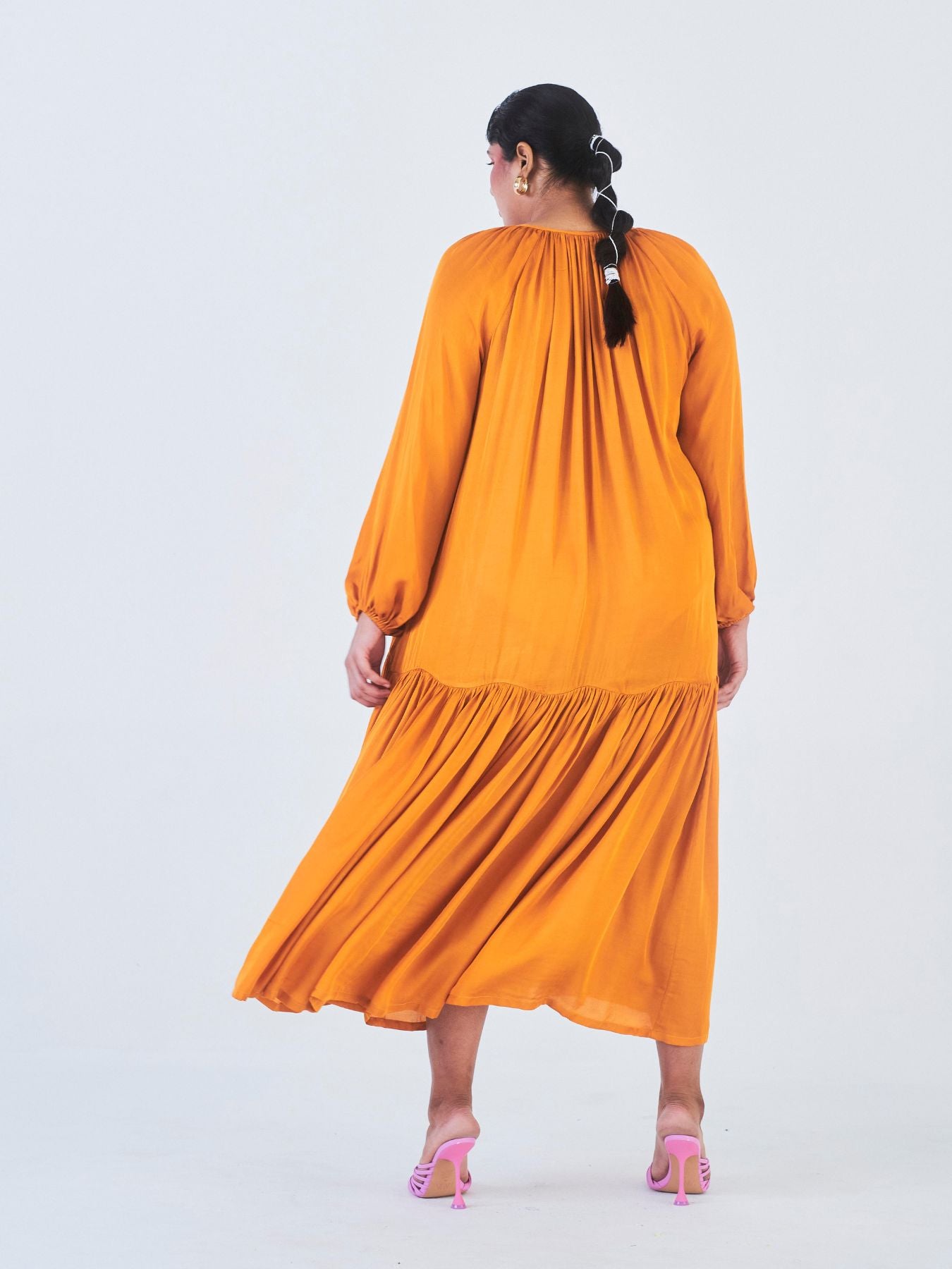 Releve Fashion Little Things Studio Juhi Rose Fibre Fabric Midi Dress in Orange Ethical Luxury Brand Sustainable Clothing Conscious Fashion Purchase with Purpose Shop for Good
