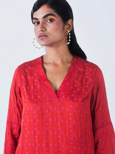 Releve Fashion Little Things Studio Kaner Kurta Top and Trouser Set in Red Geometric Print Ethical Luxury Brand Sustainable Clothing Conscious Fashion Purchase with Purpose Shop for Good