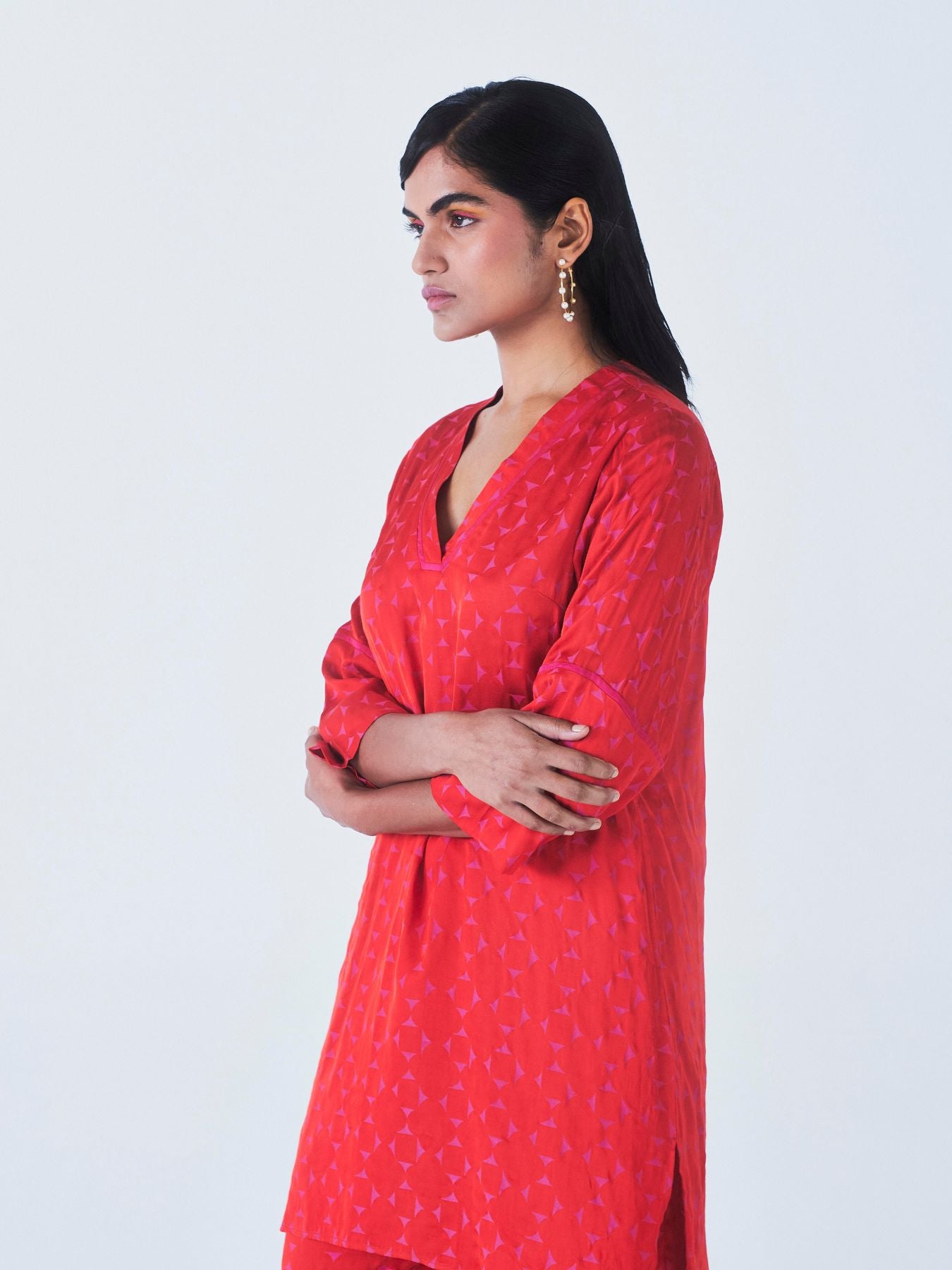 Releve Fashion Little Things Studio Kaner Kurta Top and Trouser Set in Red Geometric Print Ethical Luxury Brand Sustainable Clothing Conscious Fashion Purchase with Purpose Shop for Good