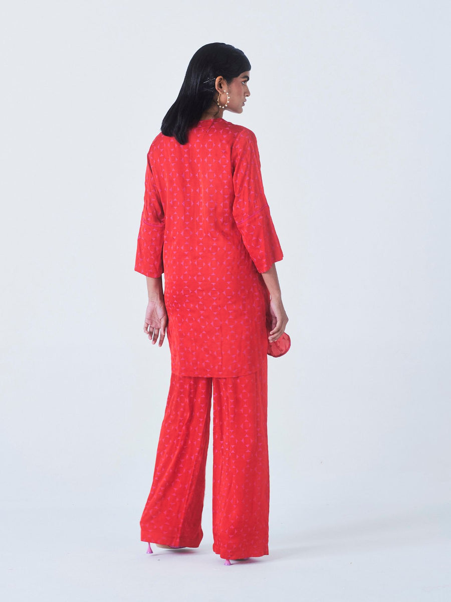 Kaner Kurta Rose Fibre Fabric Set, Red Geometric Print